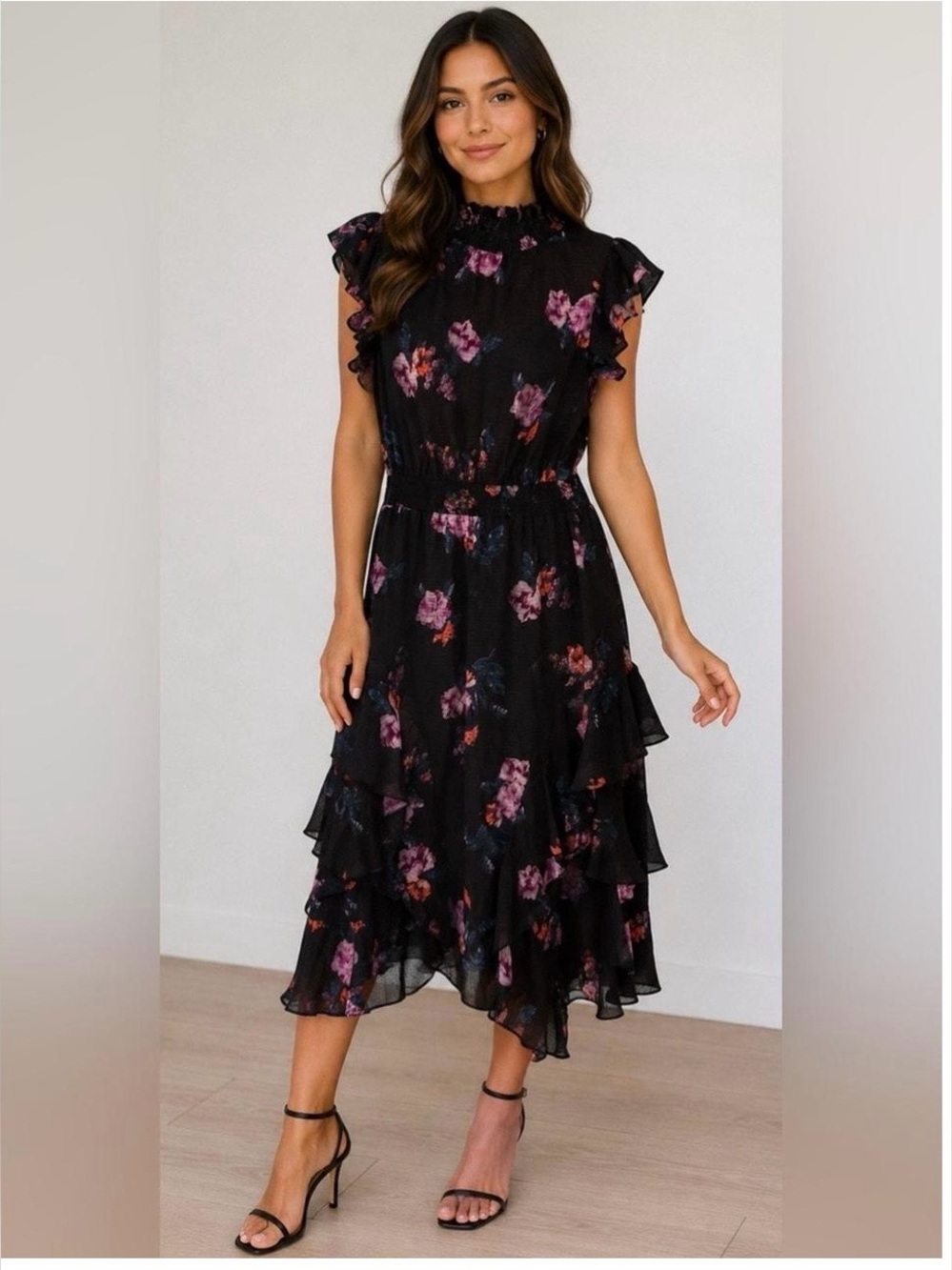 Rachel Rachel Roy Black Floral Tiered Midi Dress Size 8